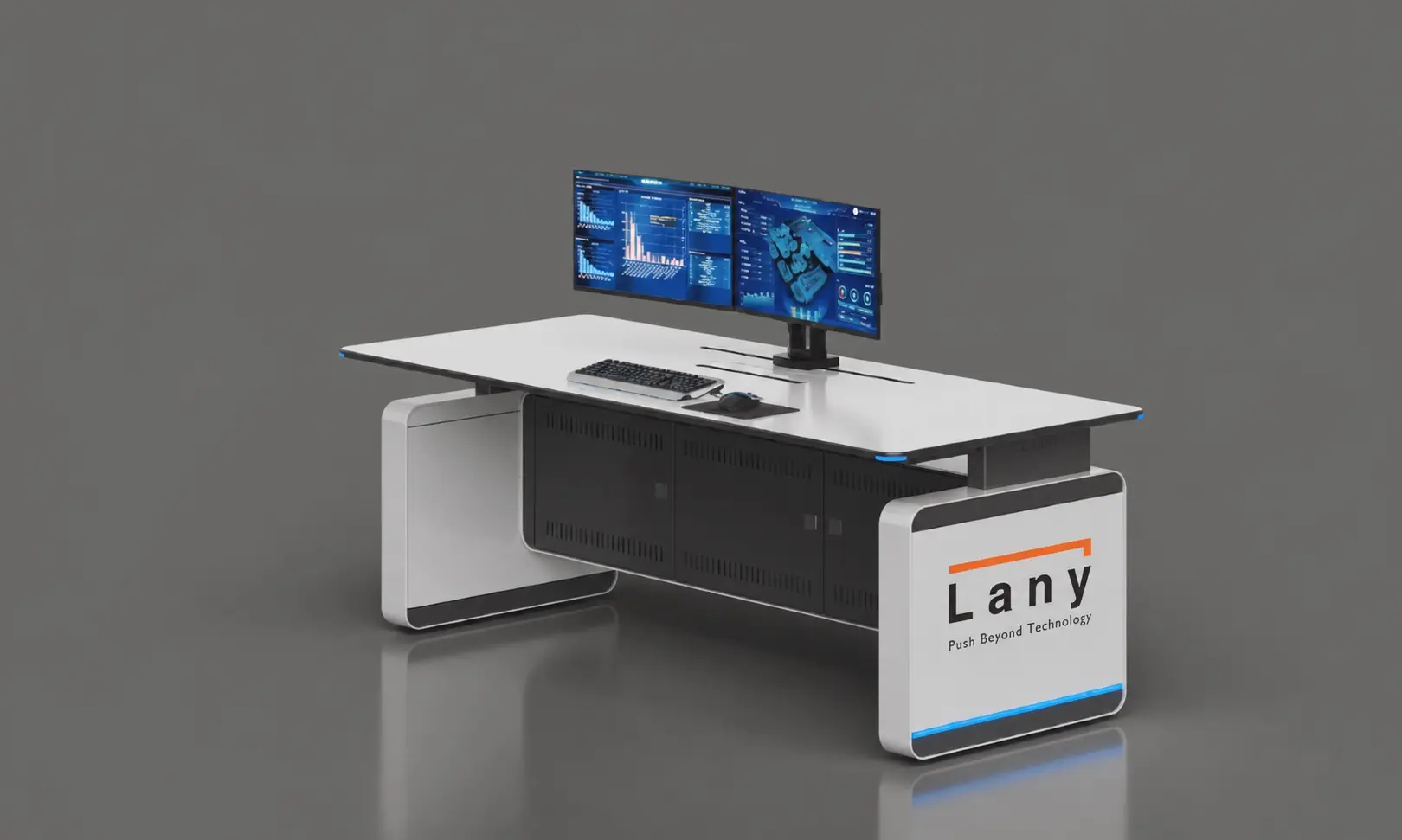 הדמיית LANY TOP TIER עם משטח עבודה רחב, שני מסכים ותא ציוד מאוורר