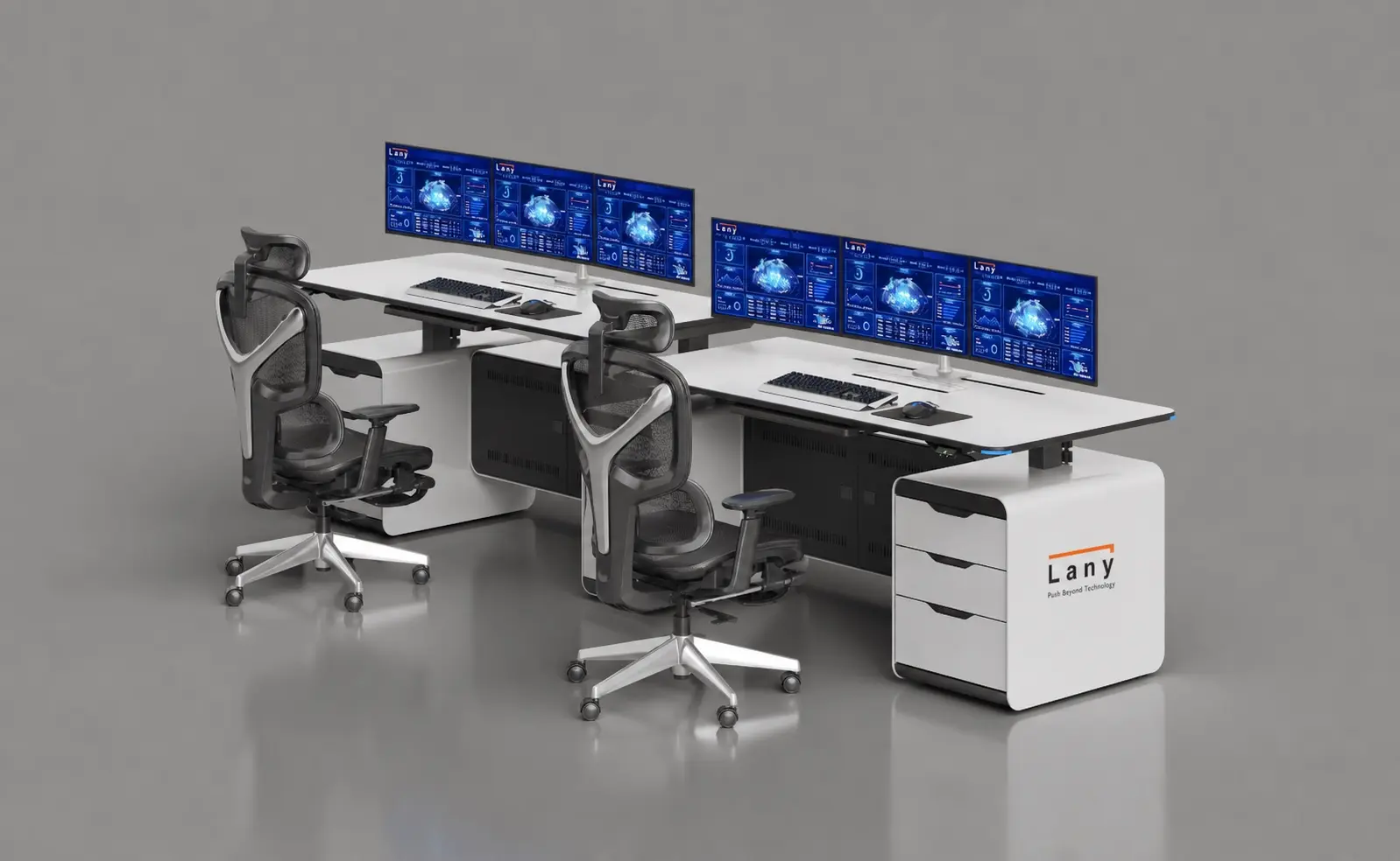 הדמיית שתי עמדות LANY UP&DOWN עם משטחים מתכווננים ומערכי שלושה מסכים